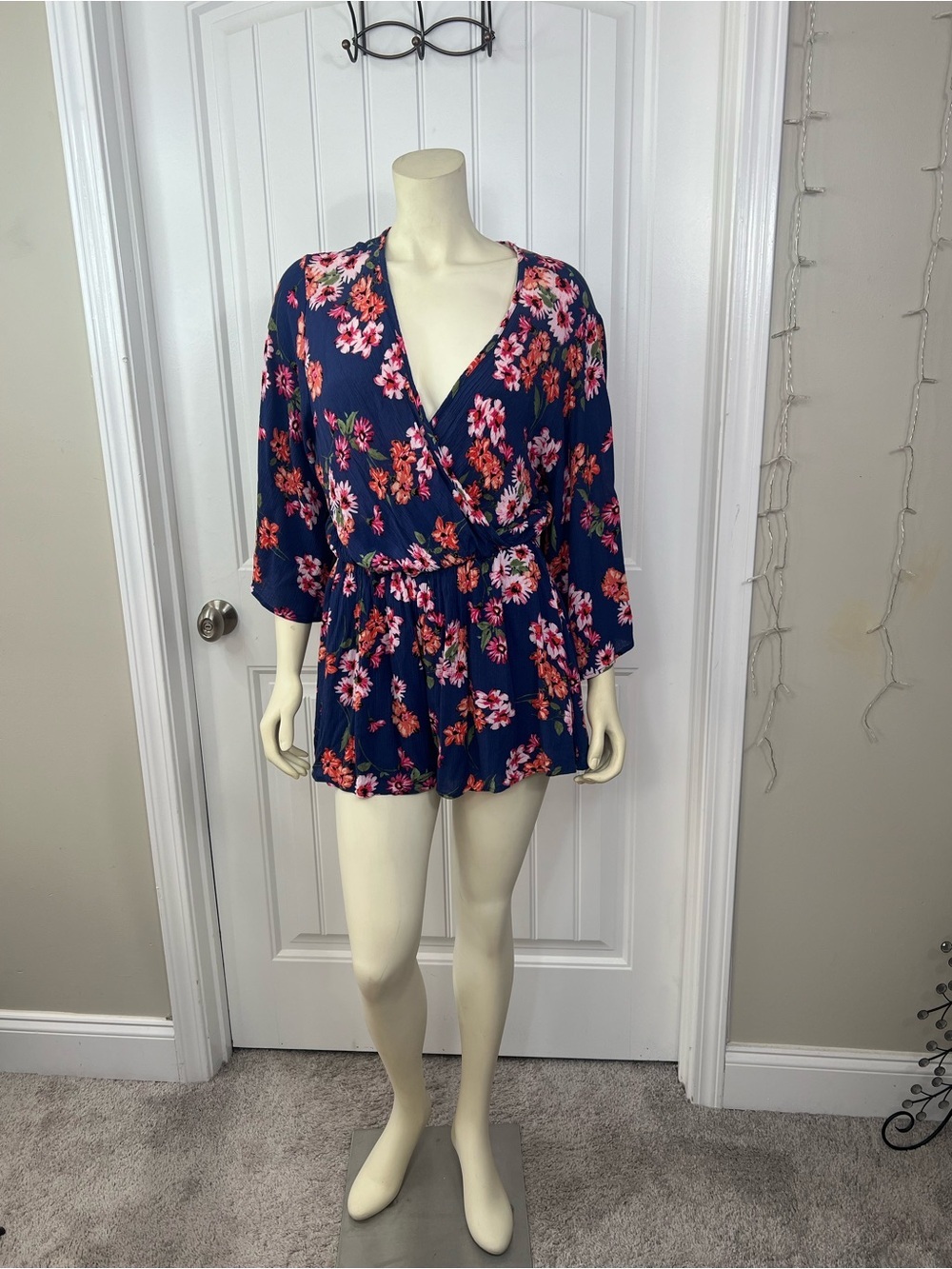 Altar'd State Navy Floral Wrap Romper with Pink & Coral Blossoms